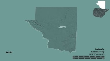 Peten 'in şekli, Guatemala departmanı, sermayesi sağlam arka planda izole edilmiş. Uzaklık ölçeği, bölge önizlemesi ve etiketleri. Renkli yükseklik haritası. 3B görüntüleme