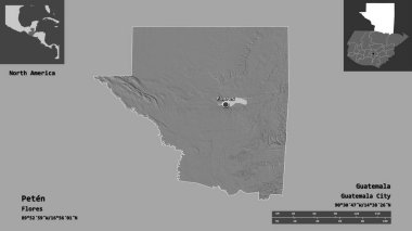 Peten 'in şekli, Guatemala Bölümü ve başkenti. Uzaklık ölçeği, ön gösterimler ve etiketler. Çift seviyeli yükseklik haritası. 3B görüntüleme