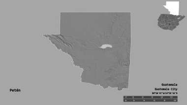 Peten 'in şekli, Guatemala departmanı, sermayesi sağlam arka planda izole edilmiş. Uzaklık ölçeği, bölge önizlemesi ve etiketleri. Çift seviyeli yükseklik haritası. 3B görüntüleme