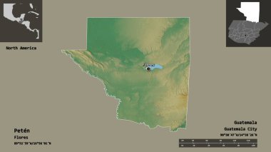 Peten 'in şekli, Guatemala Bölümü ve başkenti. Uzaklık ölçeği, ön gösterimler ve etiketler. Topografik yardım haritası. 3B görüntüleme