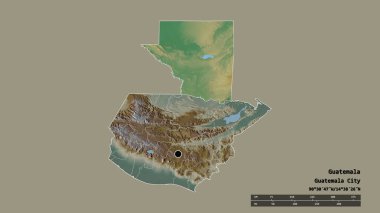 Başkenti, ana bölgesel bölümü ve ayrılmış Peten bölgesi ile Guatemala 'nın dejenere edilmiş şekli. Etiketler. Topografik yardım haritası. 3B görüntüleme