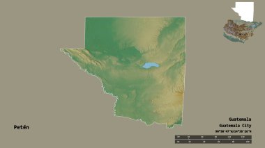 Peten 'in şekli, Guatemala departmanı, sermayesi sağlam arka planda izole edilmiş. Uzaklık ölçeği, bölge önizlemesi ve etiketleri. Topografik yardım haritası. 3B görüntüleme