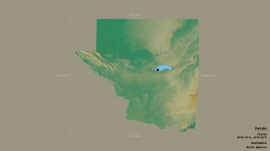 Peten bölgesi, Guatemala departmanı, jeoreferatlı bir sınır kutusunda sağlam bir arka planda izole edilmiş. Etiketler. Topografik yardım haritası. 3B görüntüleme
