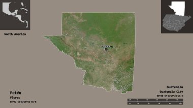Peten 'in şekli, Guatemala Bölümü ve başkenti. Uzaklık ölçeği, ön gösterimler ve etiketler. Uydu görüntüleri. 3B görüntüleme