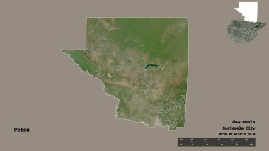Peten 'in şekli, Guatemala departmanı, sermayesi sağlam arka planda izole edilmiş. Uzaklık ölçeği, bölge önizlemesi ve etiketleri. Uydu görüntüleri. 3B görüntüleme