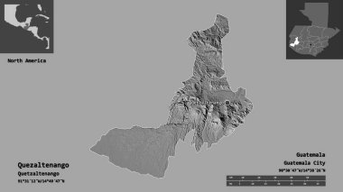 Quezaltenango Şekli, Guatemala Bölümü ve başkenti. Uzaklık ölçeği, ön gösterimler ve etiketler. Çift seviyeli yükseklik haritası. 3B görüntüleme