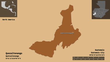 Quezaltenango Şekli, Guatemala Bölümü ve başkenti. Uzaklık ölçeği, ön gösterimler ve etiketler. Desenli dokuların bileşimi. 3B görüntüleme