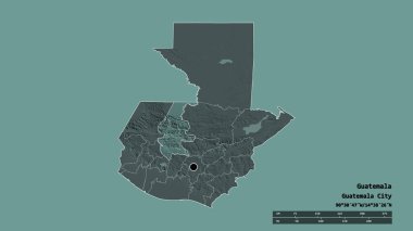 Başkenti, ana bölgesel bölümü ve ayrılmış Quiche bölgesiyle Guatemala 'nın dejenere edilmiş şekli. Etiketler. Renkli yükseklik haritası. 3B görüntüleme