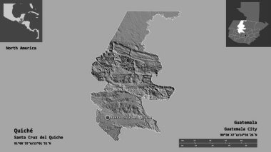 Quiche Shape, Guatemala Departmanı ve başkenti. Uzaklık ölçeği, ön gösterimler ve etiketler. Çift seviyeli yükseklik haritası. 3B görüntüleme