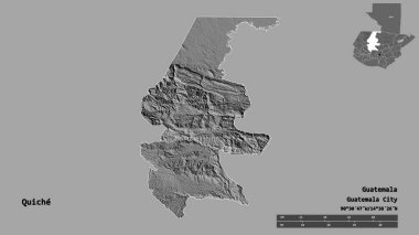 Quiche Shape, Guatemala Departmanı, sermayesi sağlam arka planda izole edilmiş. Uzaklık ölçeği, bölge önizlemesi ve etiketleri. Çift seviyeli yükseklik haritası. 3B görüntüleme