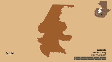 Quiche Shape, Guatemala Departmanı, sermayesi sağlam arka planda izole edilmiş. Uzaklık ölçeği, bölge önizlemesi ve etiketleri. Desenli dokuların bileşimi. 3B görüntüleme