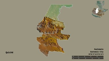 Quiche Shape, Guatemala Departmanı, sermayesi sağlam arka planda izole edilmiş. Uzaklık ölçeği, bölge önizlemesi ve etiketleri. Topografik yardım haritası. 3B görüntüleme
