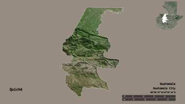 Quiche Shape, Guatemala Departmanı, sermayesi sağlam arka planda izole edilmiş. Uzaklık ölçeği, bölge önizlemesi ve etiketleri. Uydu görüntüleri. 3B görüntüleme