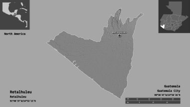 Retalhuleu 'nun şekli, Guatemala Bölümü ve başkenti. Uzaklık ölçeği, ön gösterimler ve etiketler. Çift seviyeli yükseklik haritası. 3B görüntüleme