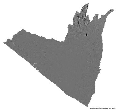 Retalhuleu 'nun şekli, Guatemala departmanı, başkenti beyaz arka planda izole edilmiş. Çift seviyeli yükseklik haritası. 3B görüntüleme