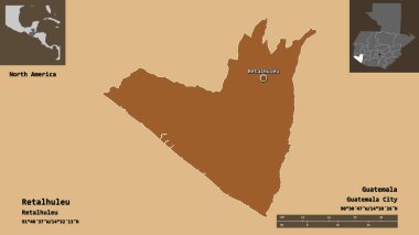 Retalhuleu 'nun şekli, Guatemala Bölümü ve başkenti. Uzaklık ölçeği, ön gösterimler ve etiketler. Desenli dokuların bileşimi. 3B görüntüleme