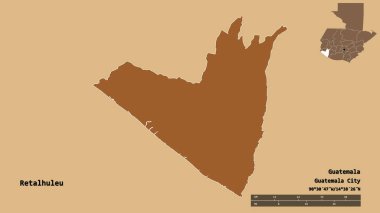 Retalhuleu 'nun şekli, Guatemala departmanı, sermayesi sağlam arka planda izole edilmiş. Uzaklık ölçeği, bölge önizlemesi ve etiketleri. Desenli dokuların bileşimi. 3B görüntüleme