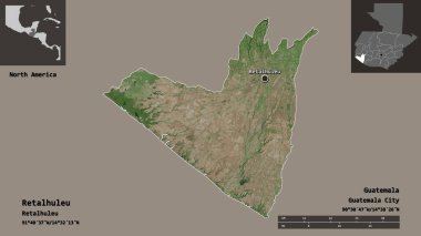 Retalhuleu 'nun şekli, Guatemala Bölümü ve başkenti. Uzaklık ölçeği, ön gösterimler ve etiketler. Uydu görüntüleri. 3B görüntüleme