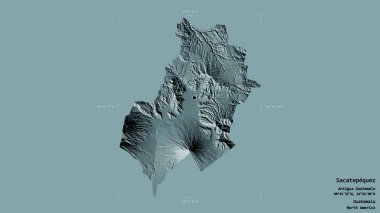 Sacatepequez Bölgesi, Guatemala Departmanı, bir sınır kutusunda sağlam bir arka planda izole edilmiş. Etiketler. Renkli yükseklik haritası. 3B görüntüleme