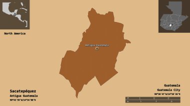 Sacatepequez 'in şekli, Guatemala Bölümü ve başkenti. Uzaklık ölçeği, ön gösterimler ve etiketler. Desenli dokuların bileşimi. 3B görüntüleme