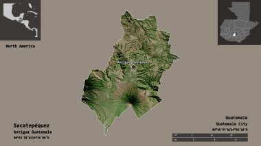 Sacatepequez 'in şekli, Guatemala Bölümü ve başkenti. Uzaklık ölçeği, ön gösterimler ve etiketler. Uydu görüntüleri. 3B görüntüleme