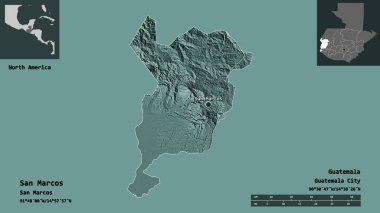 San Marcos Şekli, Guatemala Departmanı ve başkenti. Uzaklık ölçeği, ön gösterimler ve etiketler. Renkli yükseklik haritası. 3B görüntüleme