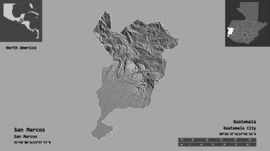San Marcos Şekli, Guatemala Departmanı ve başkenti. Uzaklık ölçeği, ön gösterimler ve etiketler. Çift seviyeli yükseklik haritası. 3B görüntüleme