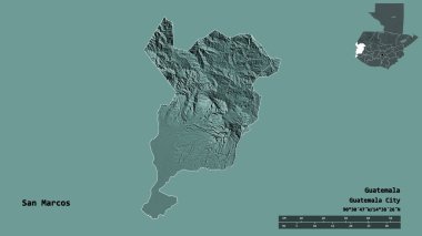 San Marcos 'un şekli, Guatemala departmanı, sermayesi sağlam arka planda izole edilmiş. Uzaklık ölçeği, bölge önizlemesi ve etiketleri. Renkli yükseklik haritası. 3B görüntüleme