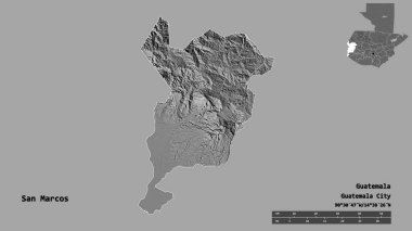 San Marcos 'un şekli, Guatemala departmanı, sermayesi sağlam arka planda izole edilmiş. Uzaklık ölçeği, bölge önizlemesi ve etiketleri. Çift seviyeli yükseklik haritası. 3B görüntüleme