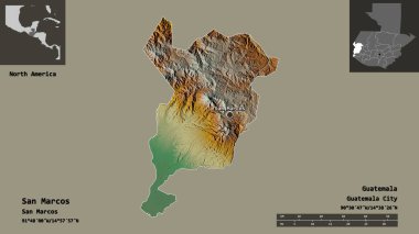 San Marcos Şekli, Guatemala Departmanı ve başkenti. Uzaklık ölçeği, ön gösterimler ve etiketler. Topografik yardım haritası. 3B görüntüleme