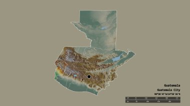 Başkenti, ana bölgesel bölümü ve ayrılmış San Marcos bölgesi ile Guatemala 'nın dejenere edilmiş şekli. Etiketler. Topografik yardım haritası. 3B görüntüleme