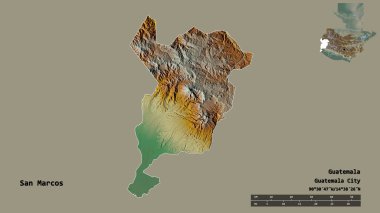San Marcos 'un şekli, Guatemala departmanı, sermayesi sağlam arka planda izole edilmiş. Uzaklık ölçeği, bölge önizlemesi ve etiketleri. Topografik yardım haritası. 3B görüntüleme
