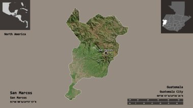 San Marcos Şekli, Guatemala Departmanı ve başkenti. Uzaklık ölçeği, ön gösterimler ve etiketler. Uydu görüntüleri. 3B görüntüleme