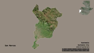 San Marcos 'un şekli, Guatemala departmanı, sermayesi sağlam arka planda izole edilmiş. Uzaklık ölçeği, bölge önizlemesi ve etiketleri. Uydu görüntüleri. 3B görüntüleme