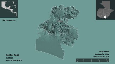Santa Rosa 'nın şekli, Guatemala Bölümü ve başkenti. Uzaklık ölçeği, ön gösterimler ve etiketler. Renkli yükseklik haritası. 3B görüntüleme