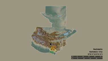 Başkenti, ana bölgesel bölümü ve ayrılmış Santa Rosa bölgesi ile Guatemala 'nın dejenere edilmiş şekli. Etiketler. Topografik yardım haritası. 3B görüntüleme