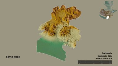 Santa Rosa 'nın şekli, Guatemala departmanı, sermayesi sağlam arka planda izole edilmiş. Uzaklık ölçeği, bölge önizlemesi ve etiketleri. Topografik yardım haritası. 3B görüntüleme