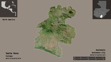 Santa Rosa 'nın şekli, Guatemala Bölümü ve başkenti. Uzaklık ölçeği, ön gösterimler ve etiketler. Uydu görüntüleri. 3B görüntüleme