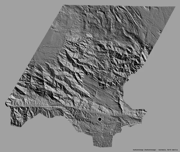 Huehuetenango 'nun şekli, Guatemala departmanı, sermayesi katı renk arkaplanı ile izole edilmiş. Çift seviyeli yükseklik haritası. 3B görüntüleme