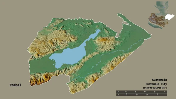 危地马拉省Izabal的形状 其首都在坚实的背景下与世隔绝 距离尺度 区域预览和标签 地形浮雕图 3D渲染 — 图库照片