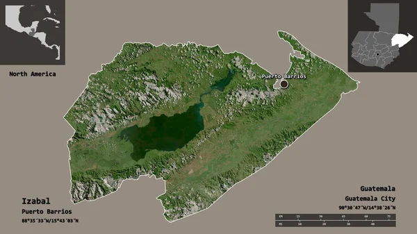 グアテマラのイザバル県とその首都の形 距離スケール プレビューおよびラベル 衛星画像 3Dレンダリング — ストック写真