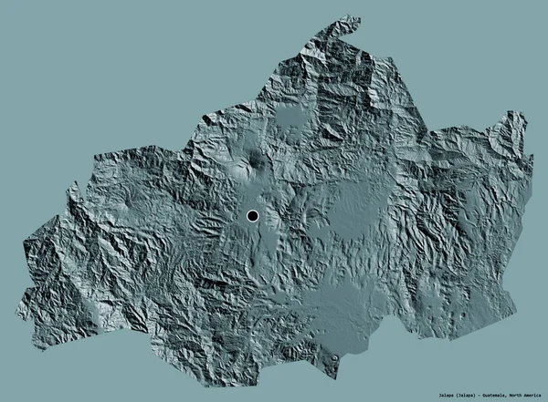 Jalapa 'nın şekli, Guatemala departmanı, sermayesi koyu renk arka planda izole edilmiş. Renkli yükseklik haritası. 3B görüntüleme
