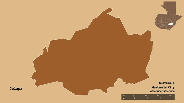 危地马拉省贾拉帕的形状 其首都在坚实的背景下与世隔绝 距离尺度 区域预览和标签 图形纹理的组成 3D渲染 — 图库照片