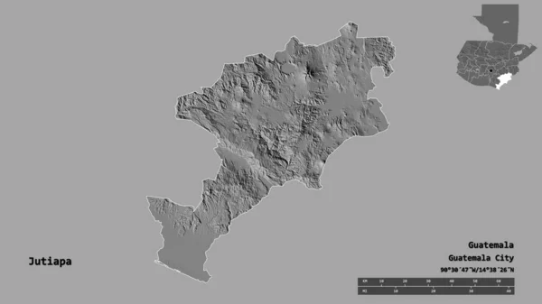 グアテマラの首都ジュティアパの形は しっかりとした背景に隔離されています 距離スケール リージョンプレビュー およびラベル 標高マップ 3Dレンダリング — ストック写真