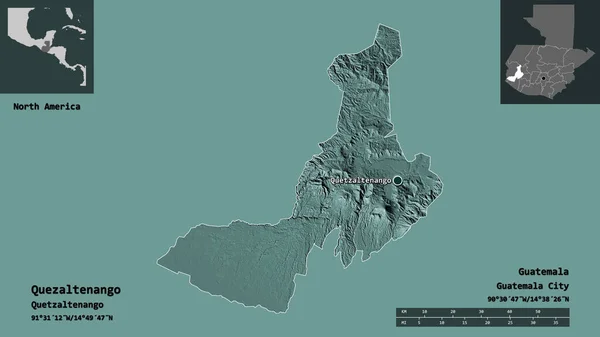 グアテマラの首都ケサルテナンゴの形 距離スケール プレビューおよびラベル 色の標高マップ 3Dレンダリング — ストック写真