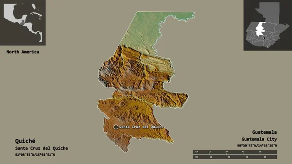 クイチェの形 グアテマラの部門 その首都 距離スケール プレビューおよびラベル 地形図 3Dレンダリング — ストック写真