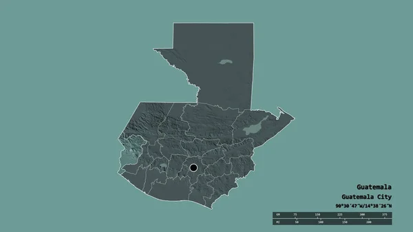 危地马拉以首都 主要区域分部和分离的圣马科斯地区为首都的绝望状态 彩色高程图 3D渲染 — 图库照片