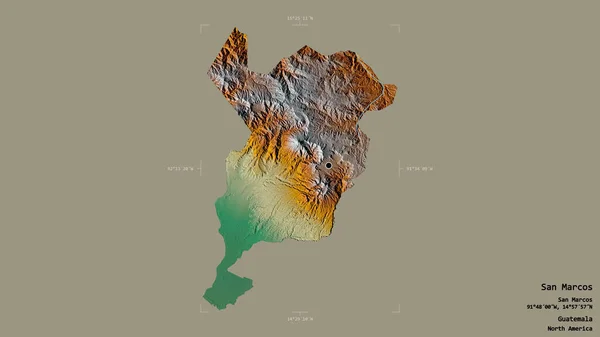 危地马拉省圣马科斯地区 以坚实的背景隔离在一个地理参照框中 地形浮雕图 3D渲染 — 图库照片