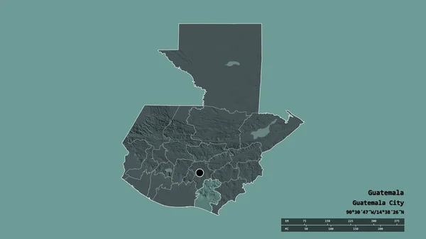 危地马拉以首都 主要区域分部和独立的圣罗莎地区为首都的绝望状态 彩色高程图 3D渲染 — 图库照片