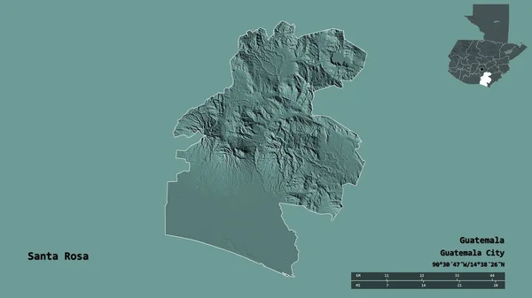 グアテマラのサンタ ロサ県の形で その首都はしっかりとした背景に孤立しています 距離スケール リージョンプレビュー およびラベル 色の標高マップ 3Dレンダリング — ストック写真